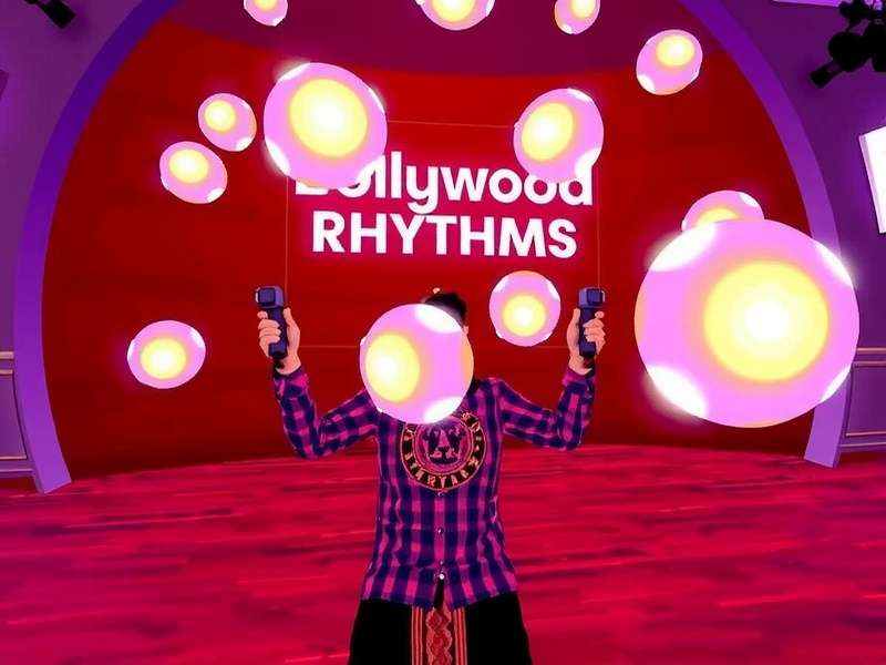 Bollywood VR Rhythms gameplay showing a player hitting rhythm orbs with VR controllers